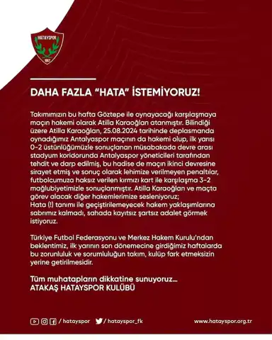 Hatayspor, Hakem Karaoğlan'a Tepkili!